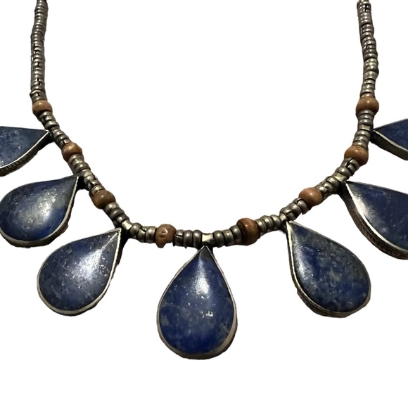 Blue Teardrop Stone Silver 9” Necklace with Beading - Picture 3 of 3